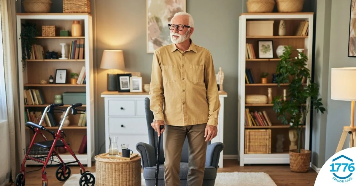 Exploring fall prevention for seniors — an elderly man stands in a safely arranged room.