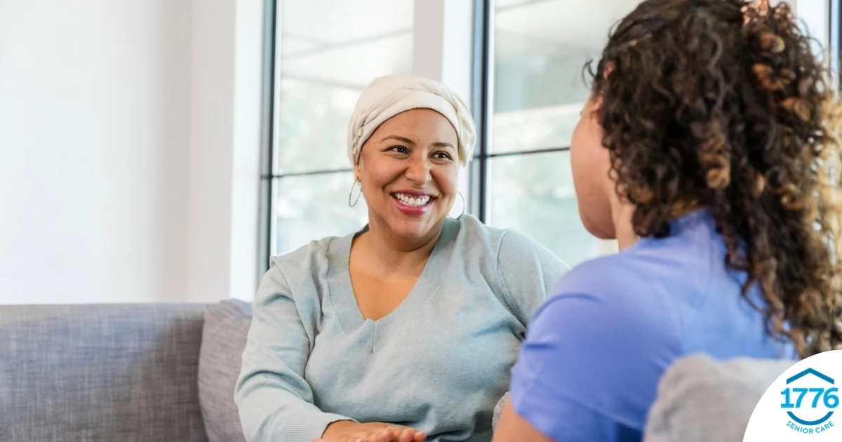 Senior woman benefiting from home care during cancer treatment.